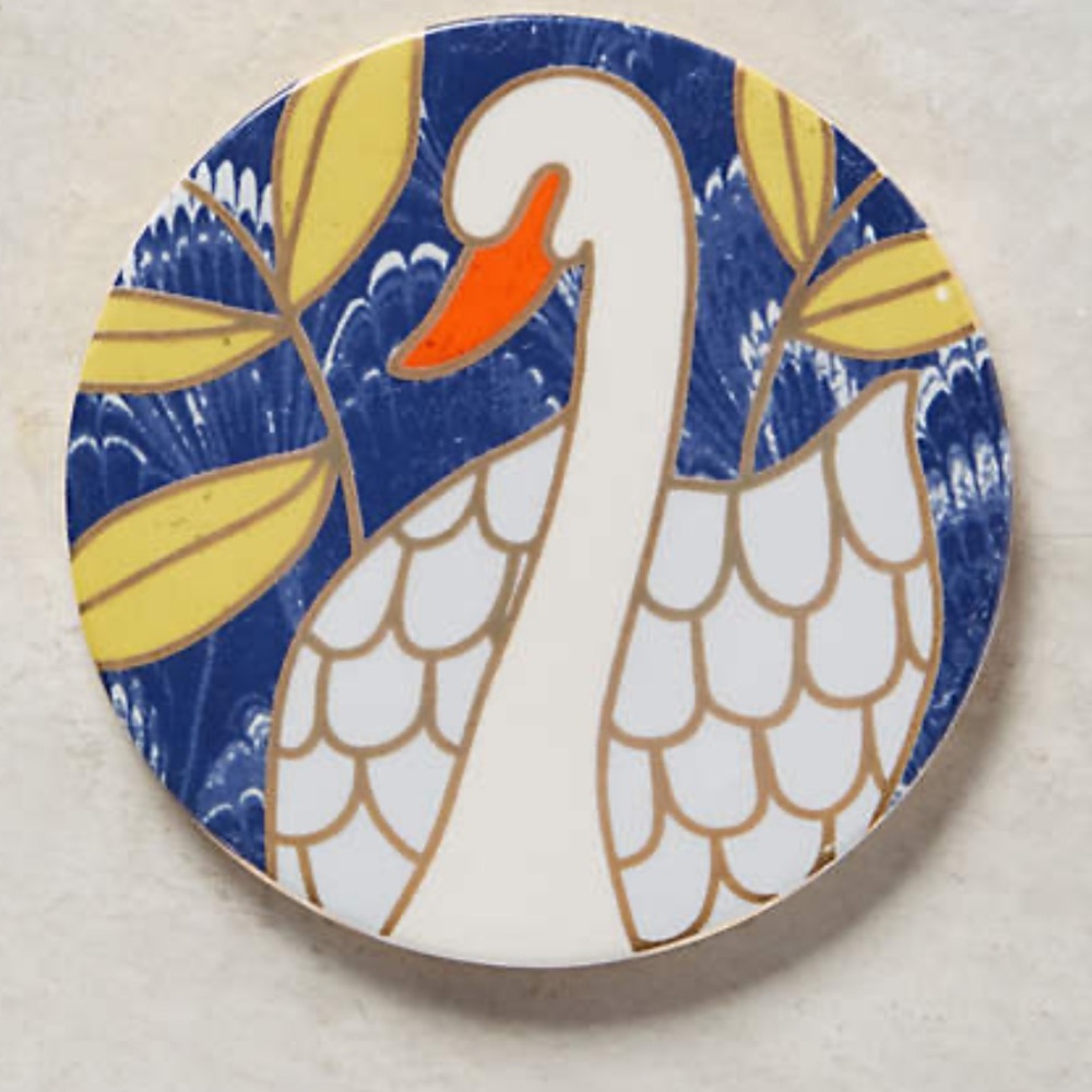 Anthropologie Natura Table coasters Swan Art Plates - set of 2 Blue and Yellow